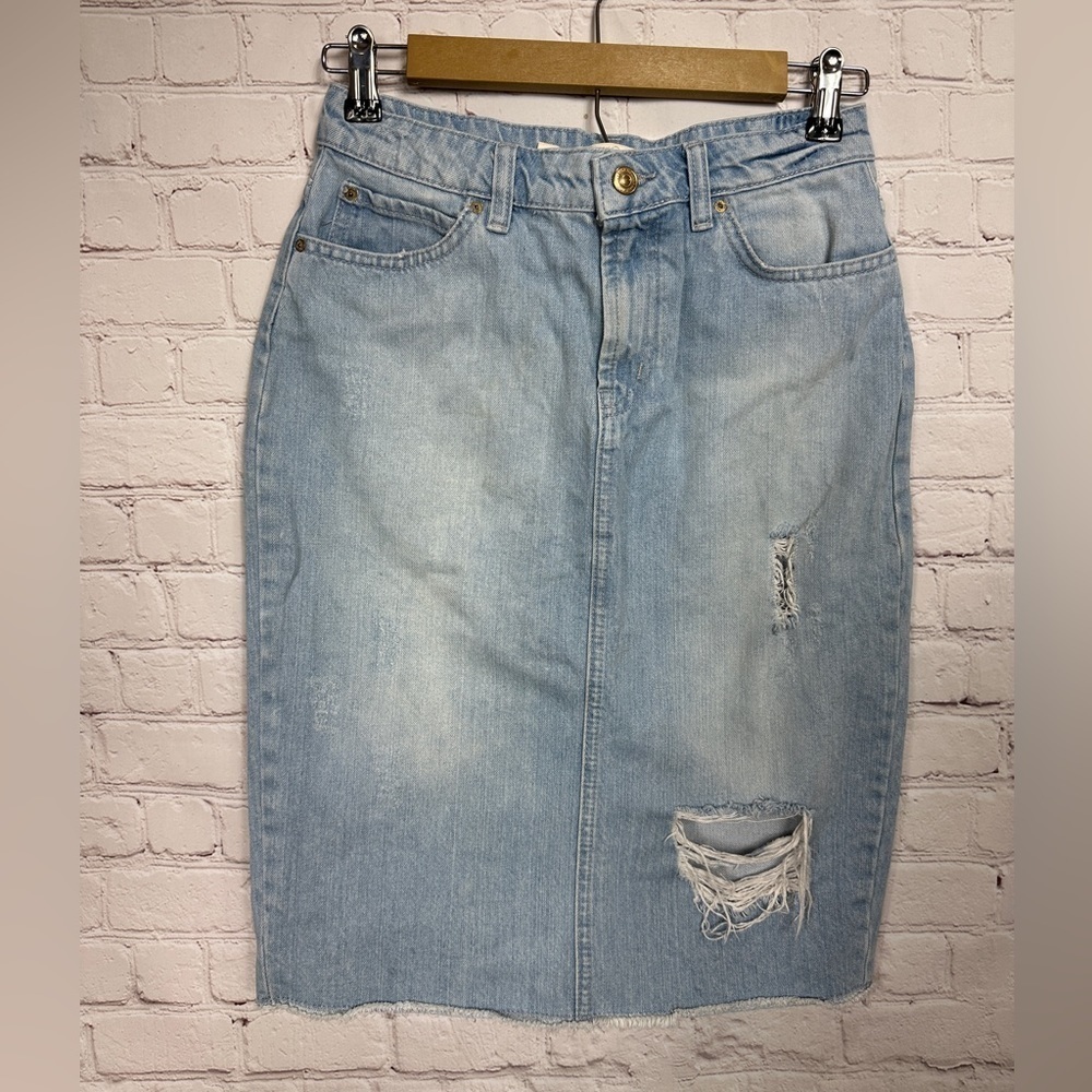 Zara Distressed Denim Straight Pencil Jean‎ Skirt Light Wash Sz 4